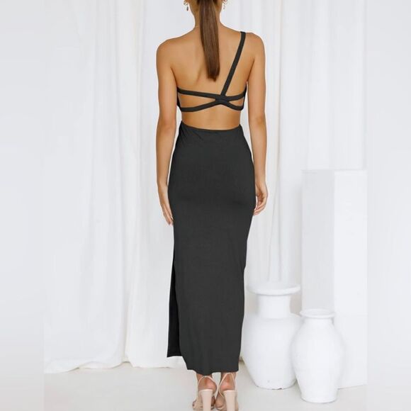 NWT Anrabess Black Ribbed One Shoulder Maxi - Picture 3 of 4